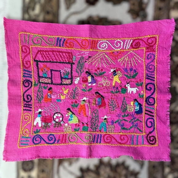 VTG Folk Art Primitive Textile‎ Village Art Scene Handmade Embroider 14.5" x 17" - Picture 1 of 9